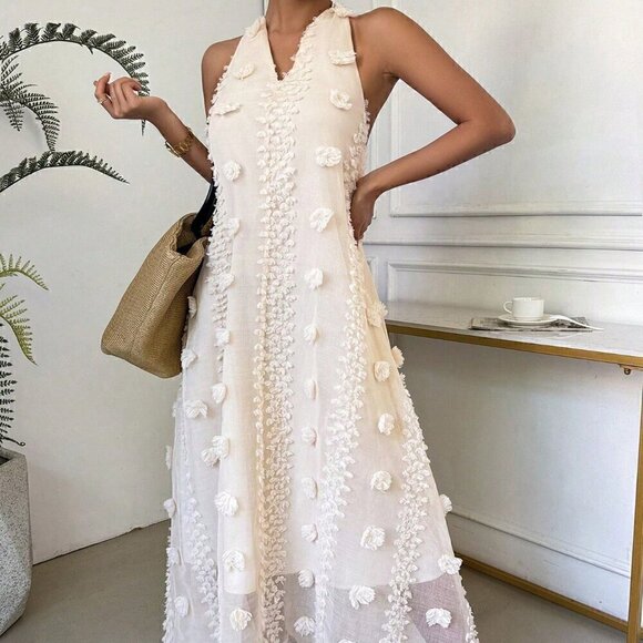 Apricot Sexy Women's Summer Vacation Deep V Halter Neck Texture Dress - Picture 5 of 6